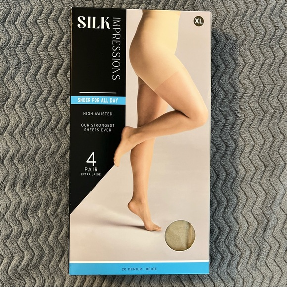 4-Pair Silk Impressions Women Size XL High Waisted Sheer All Day Pantyhose Beige - Picture 1 of 12